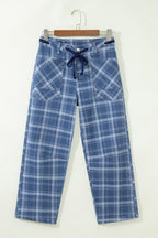 Sky Blue Plaid Denim Grommet Drawstring Waist Ankle-Length Jeans