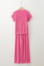 Bright Pink Solid Corded Knit Short Sleeve T Shirt and Wide Leg Pants Set