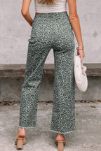 Gray Leopard Frayed Edge Wide Leg High Waist Jeans