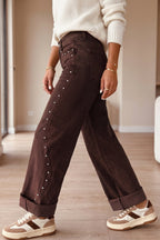 Coffee Side Seam Rivet Detail Ankle Length Casual Jeans