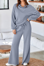 Dusk Blue Cowl Neck Drawstring Pullover Wide Leg Athleisure Pants Set