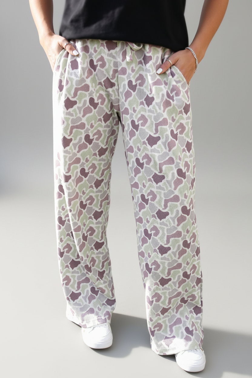Green Camo Print Drawstring Waist Loose Fit Full Length Pants