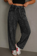 Black Raw Seam Drawstring Elastic Waist Barrel Pants