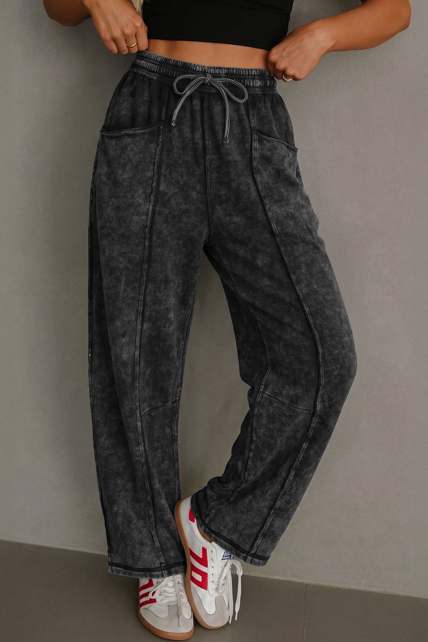 Black Raw Seam Drawstring Elastic Waist Barrel Pants