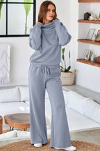 Dusk Blue Cowl Neck Drawstring Pullover Wide Leg Athleisure Pants Set