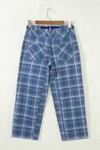 Sky Blue Plaid Denim Grommet Drawstring Waist Ankle-Length Jeans