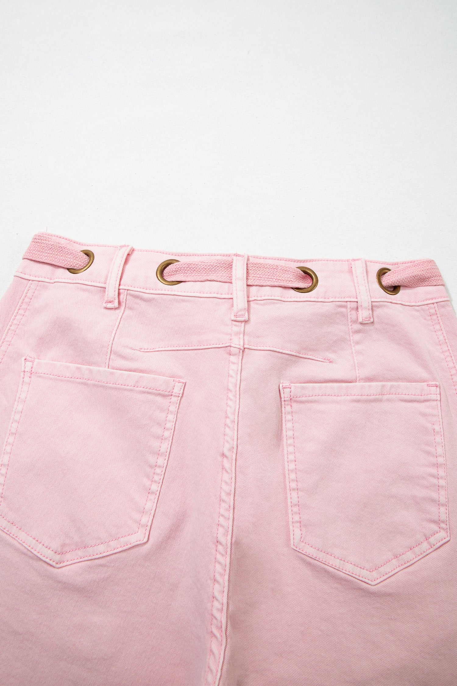 Light Pink Solid Color Grommet Detail Knot Waist Barrel Jeans