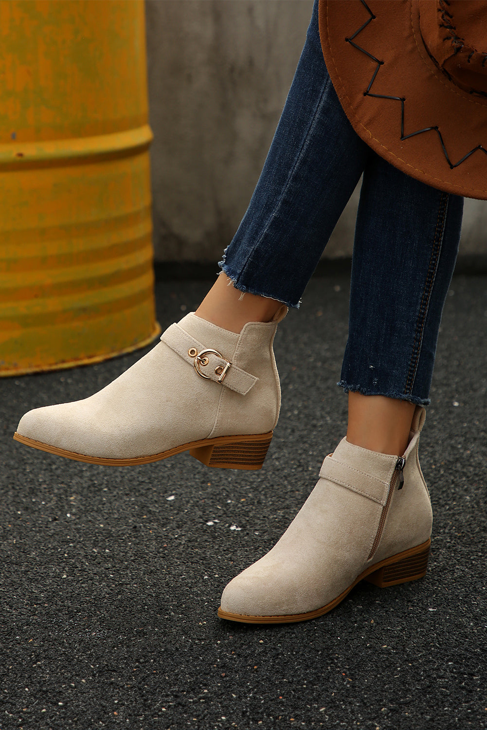 Classic Buckle Strap Chunky Heel Suede Boots