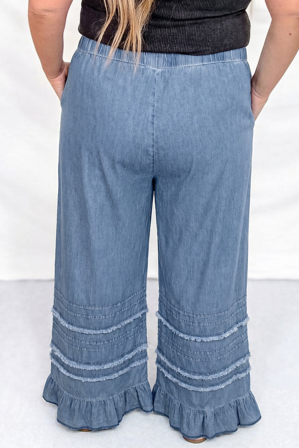 Dusk Blue Ruffled Plus Size Wide Leg Denim Pants