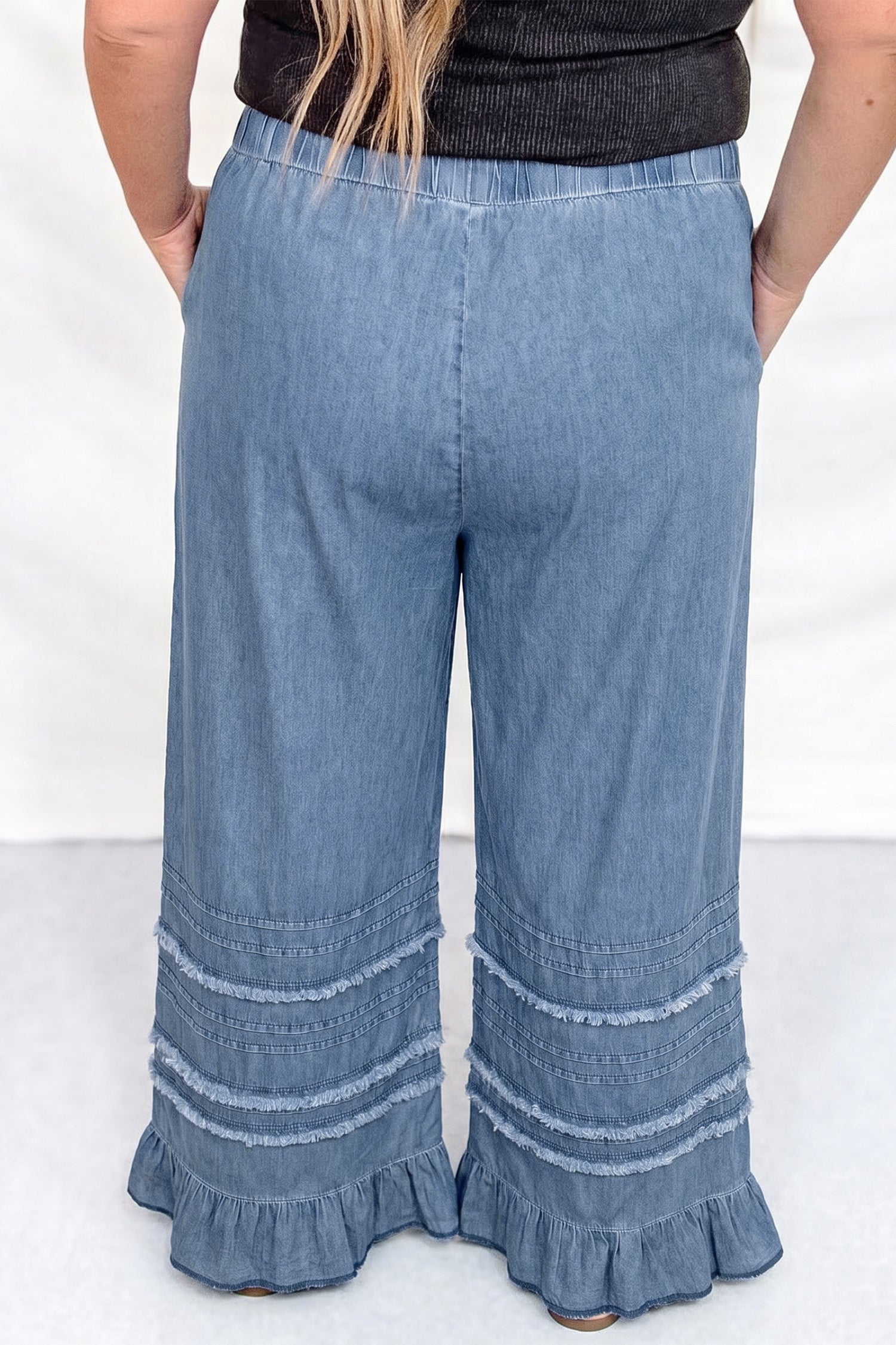 Dusk Blue Ruffled Plus Size Wide Leg Denim Pants