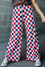 Red 2-Tone Checked Print High Waist Wide Leg Pants