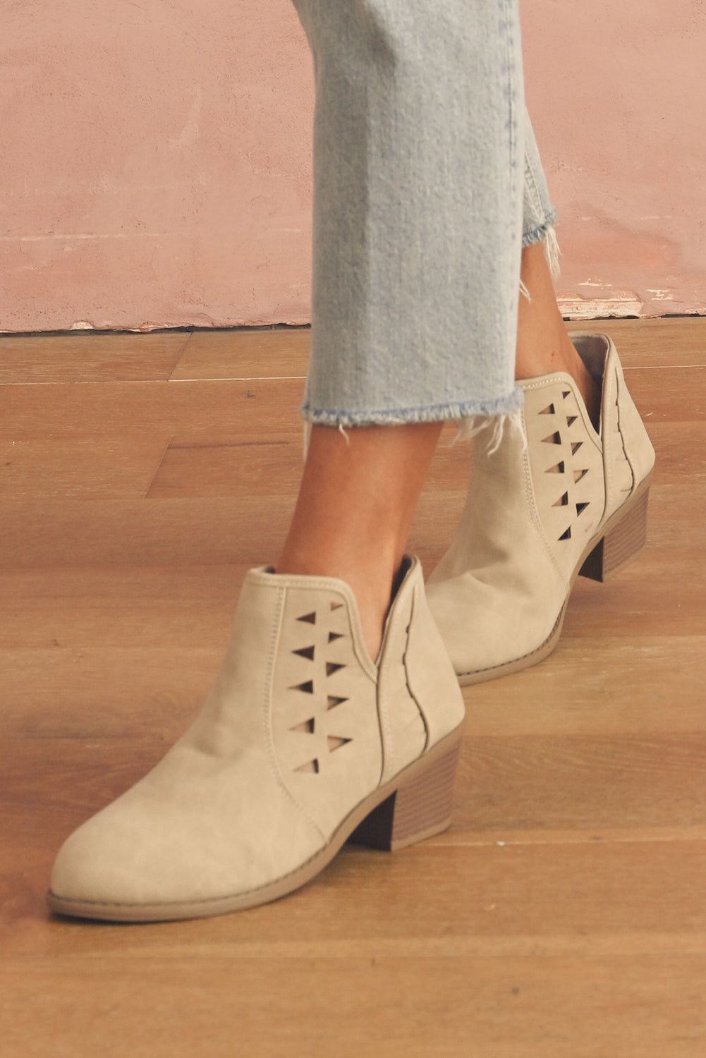 Cut Out Suede Pointed Toe Heeled Ankle Boots
