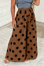 Brown Polka Dot Wide Leg Elastic Waist Casual Pants