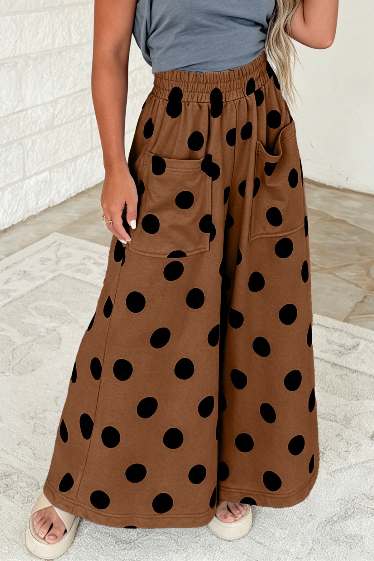 Brown Polka Dot Wide Leg Elastic Waist Casual Pants