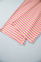 Pink Stripe Colorblock Trim Crew Neck Loose Tee Drawstring Elastic Waist 2pcs Pant Set