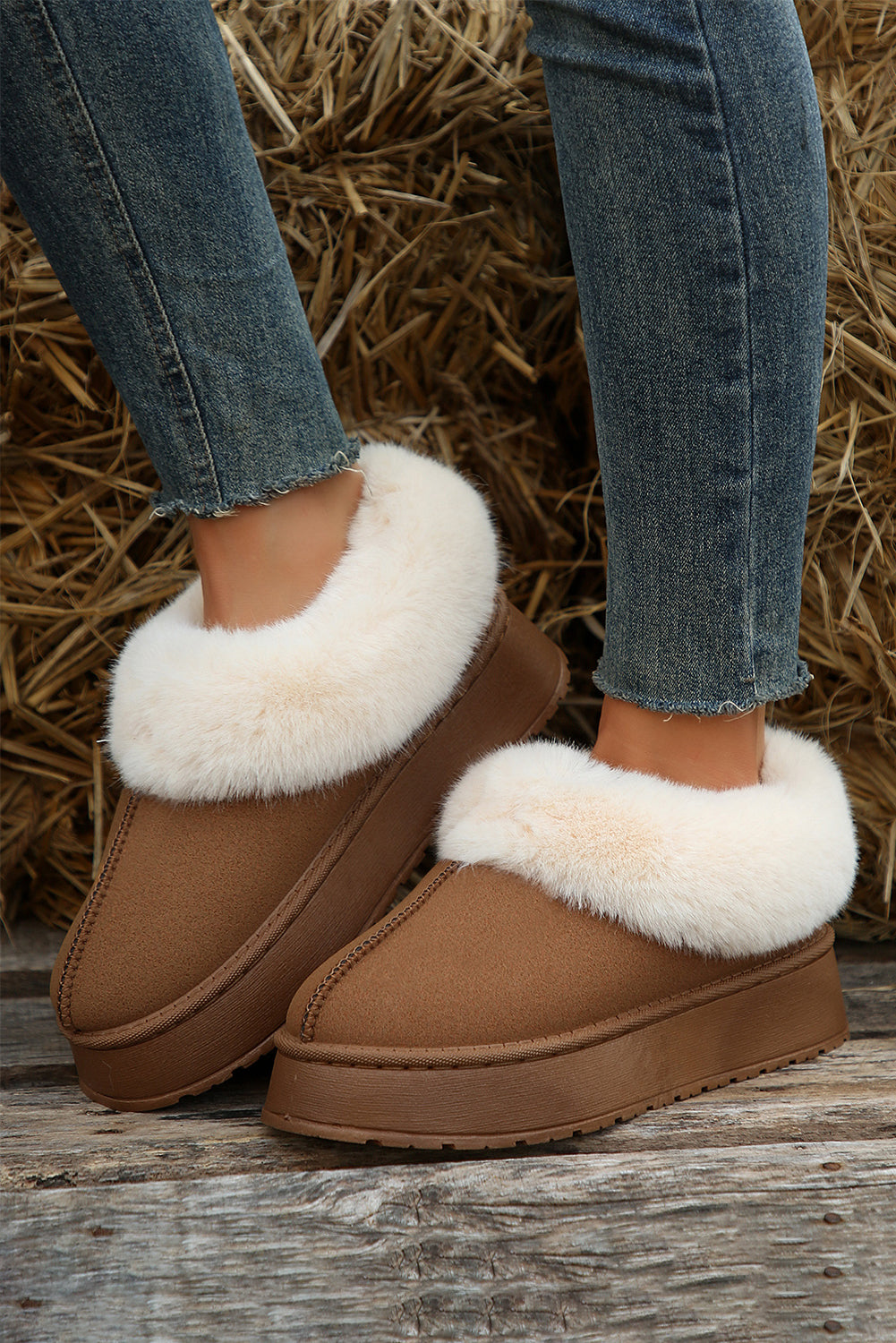 Plush Suede Trim Thick Sole Flat Snow Boots