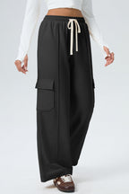 Black Solid Color Drawstring Elastic Waist Cargo Patch Pocket Active Pants