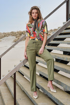 Travel Top Summer Leaf Dance Print Olive 202271