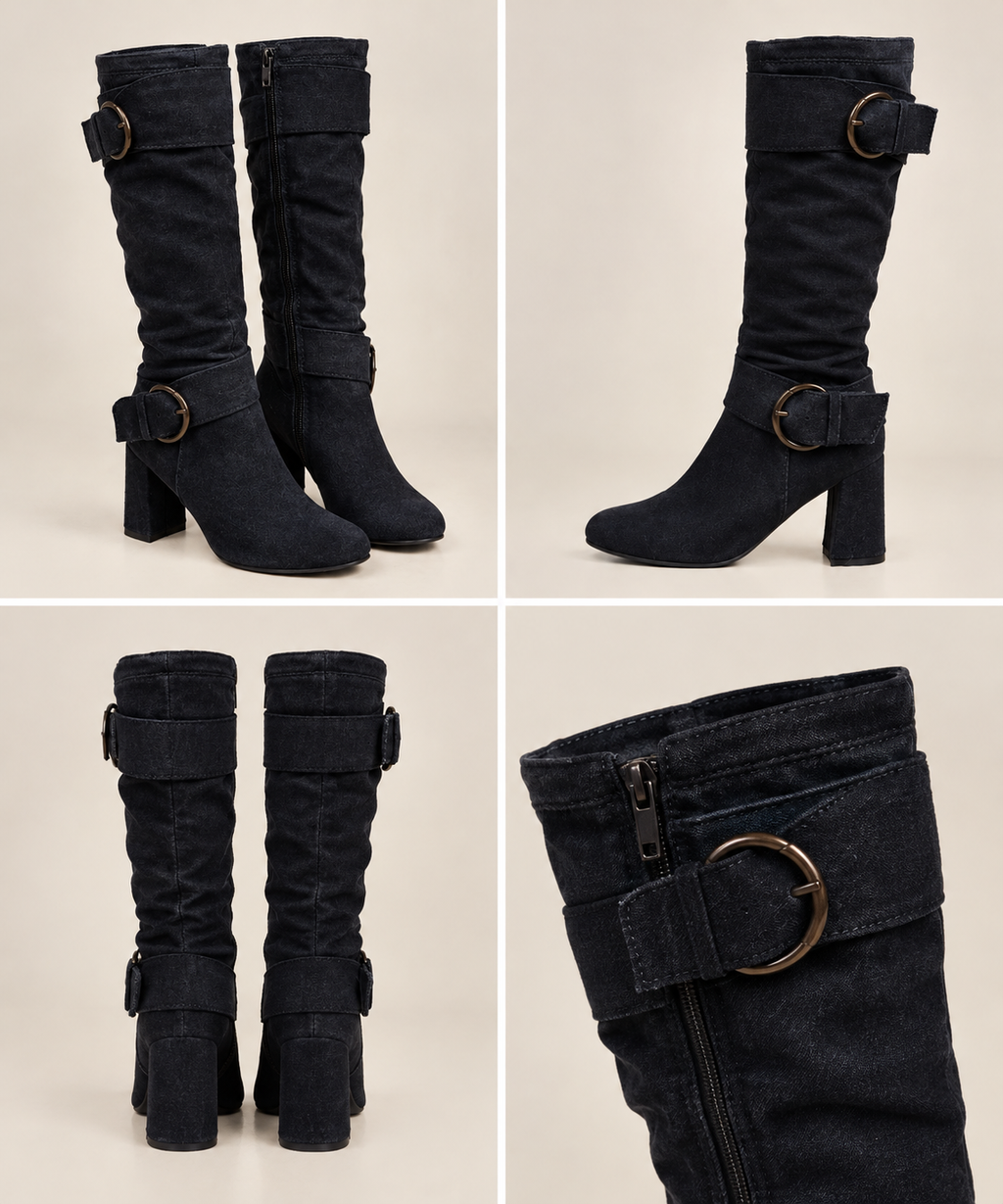 Suede Double Buckled Side Zipped Mid-calf Boots