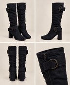 Suede Double Buckled Side Zipped Mid-calf Boots