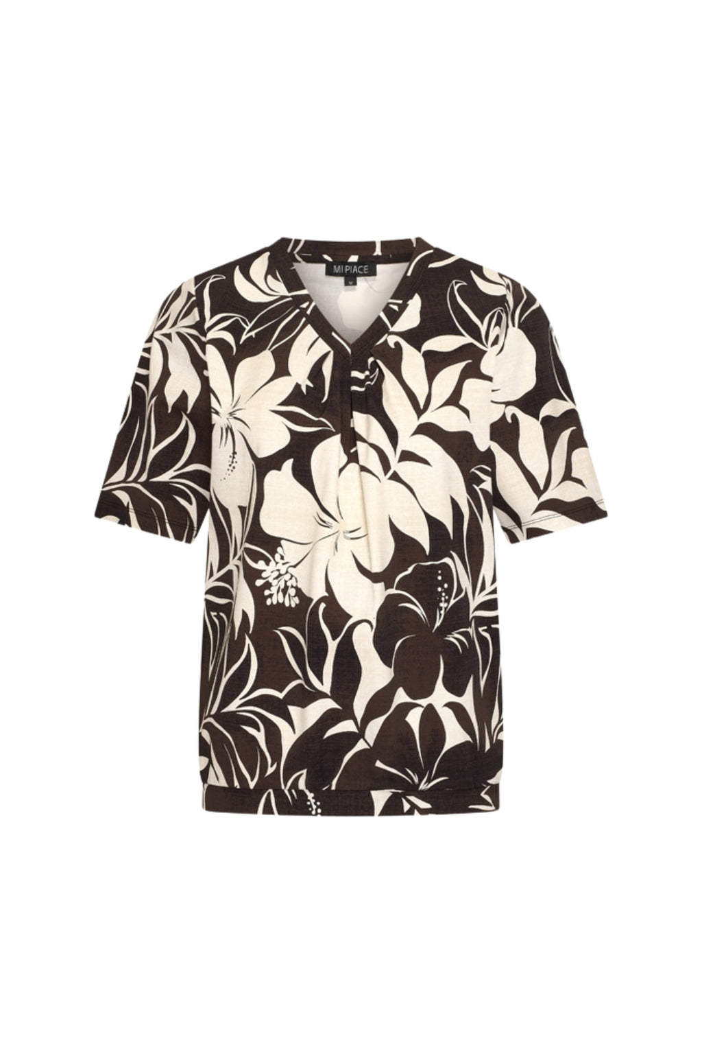 Travel Top Pleated Tropical Hibiscus Print Espresso 202815