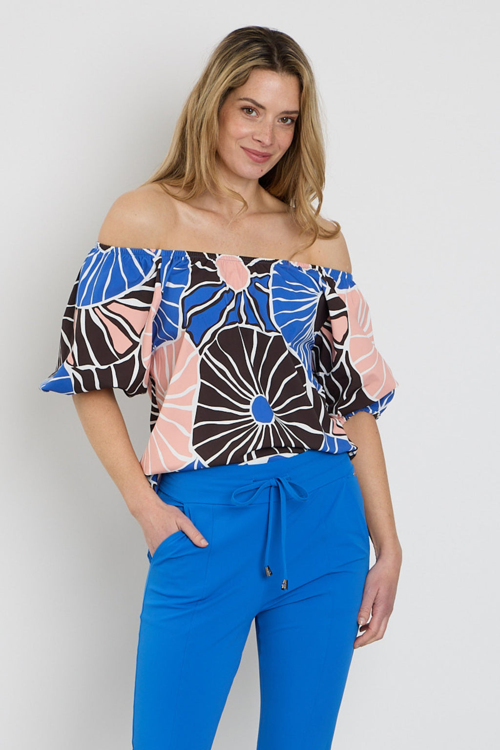 Travel Top Bardot Desert Anemone Print Nautic Blue 202454