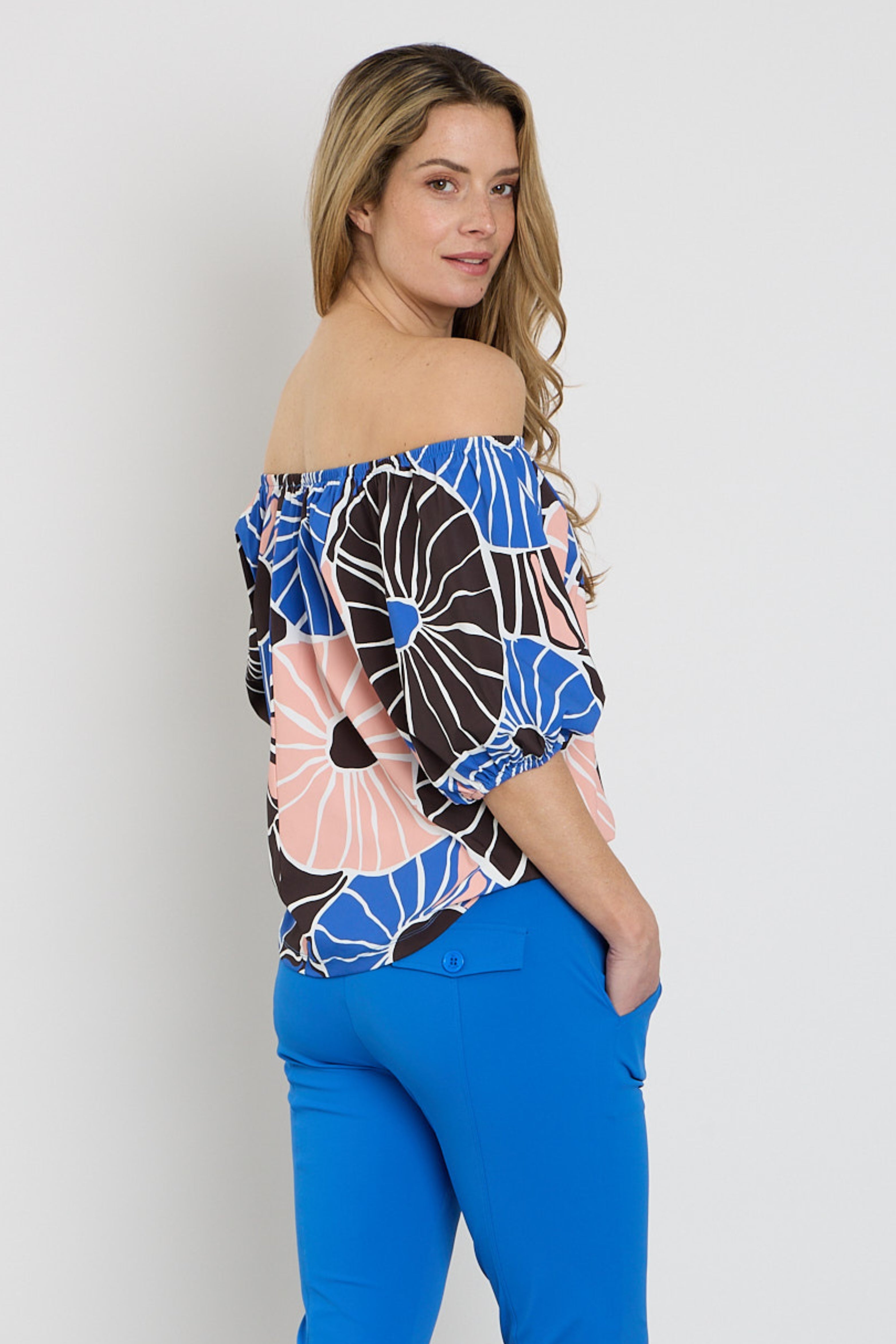 Travel Top Bardot Desert Anemone Print Nautic Blue 202454