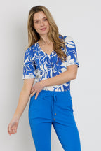 Travel Top Pleated Tropical Hisbiscus Print Nautic Blue 202815