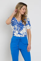 Travel Top Pleated Tropical Hisbiscus Print Nautic Blue 202815