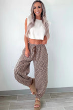 Khaki Leopard Print Elastic Waist Ankle Length Pants