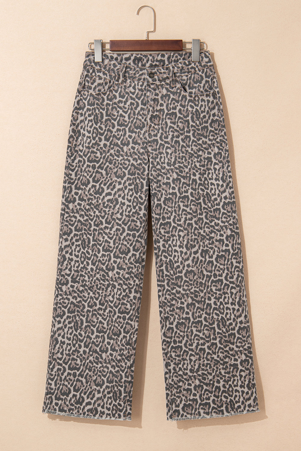 Brown Leopard Frayed Edge Wide Leg High Waist Jeans