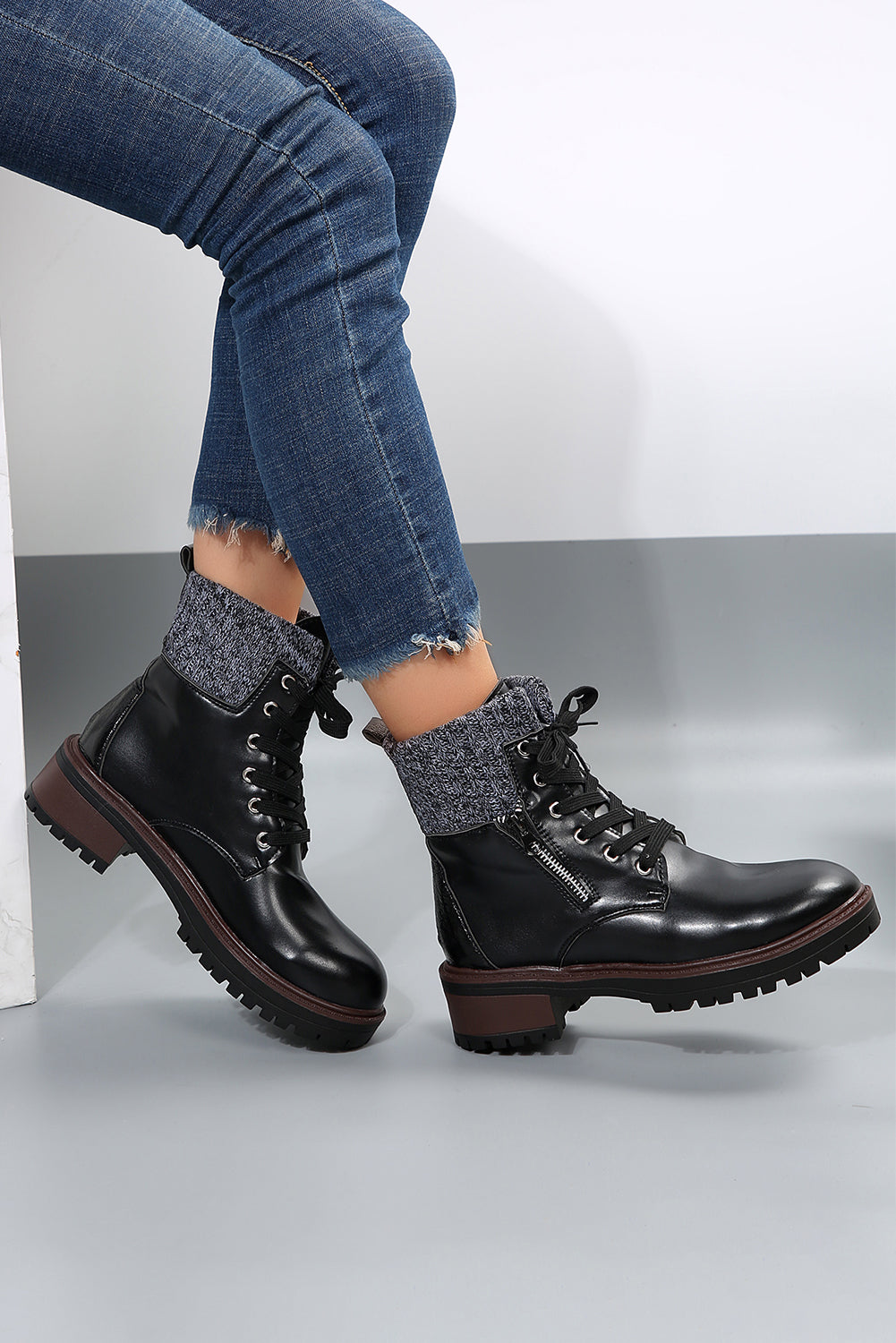 Knitted Patched Lace-up Heeled Ankle Boots