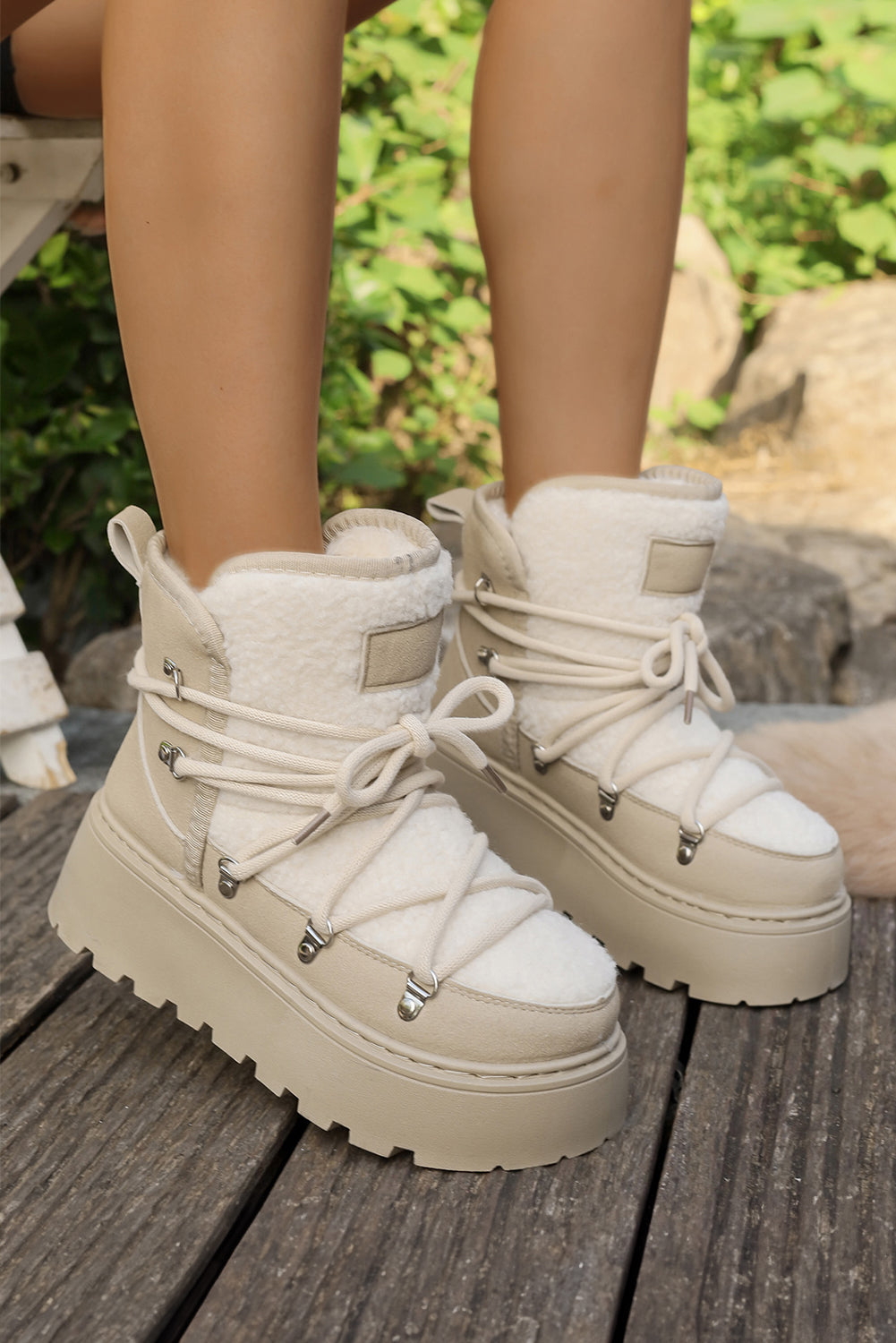Sherpa PU Leather Patchwork Lace-up Thick Bottom Snow Boots