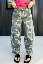 Green Camo Print Button Fly Straight Leg Ankle Length Jeans