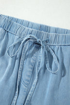 Casual Beau Blue Ruffled Hem Wide Leg Chambray Pants