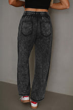 Black Raw Seam Drawstring Elastic Waist Barrel Pants