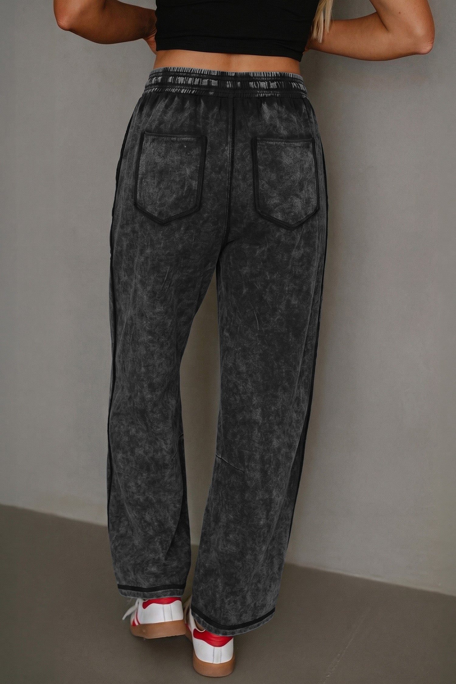 Black Raw Seam Drawstring Elastic Waist Barrel Pants