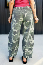 Green Camo Print Button Fly Straight Leg Ankle Length Jeans
