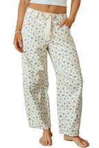 Beige Grommet Knot Waist Floral Barrel Leg Jeans