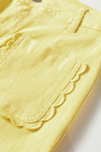 Yellow Solid Color Scalloped Patch Pocket Shift Jeans