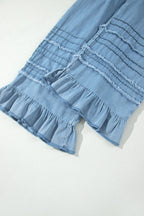 Casual Beau Blue Ruffled Hem Wide Leg Chambray Pants