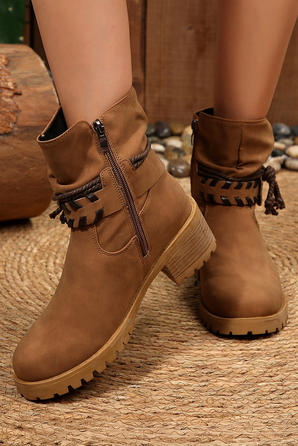 Faux Suede Contrast Rope Detail Side Zip Boots