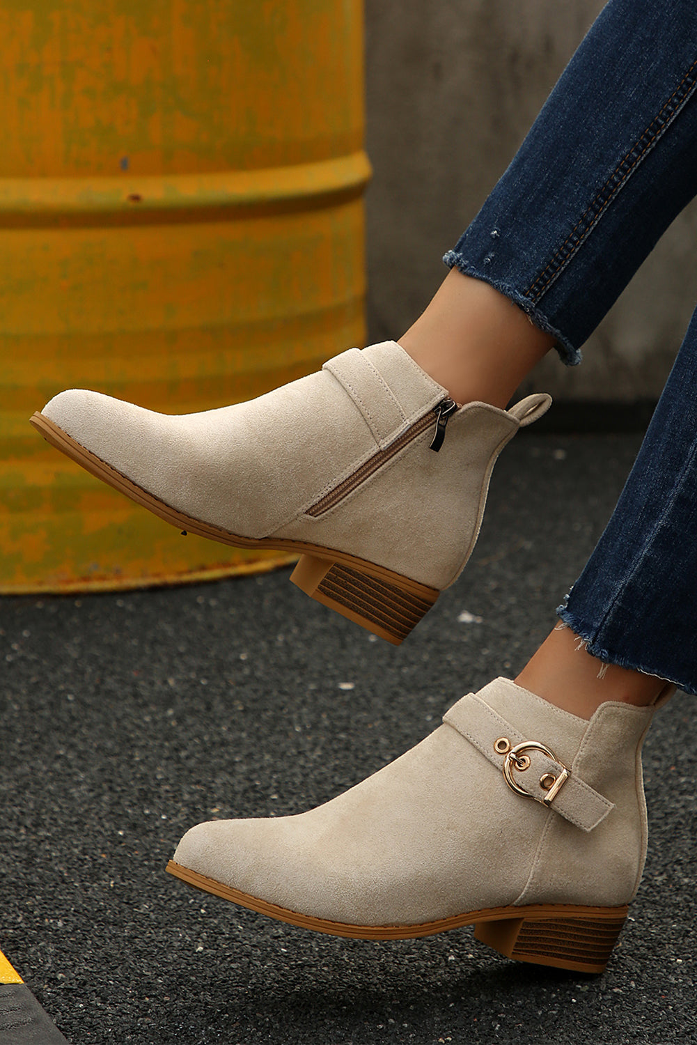 Classic Buckle Strap Chunky Heel Suede Boots