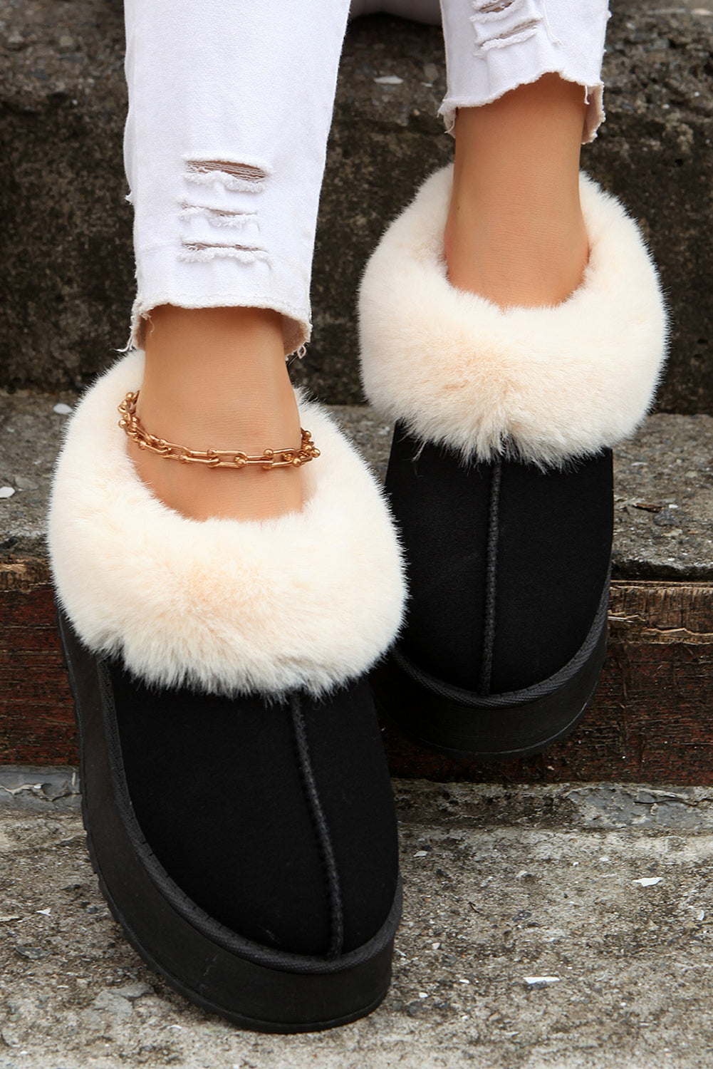 Plush Suede Trim Thick Sole Flat Snow Boots