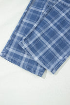 Sky Blue Plaid Denim Grommet Drawstring Waist Ankle-Length Jeans