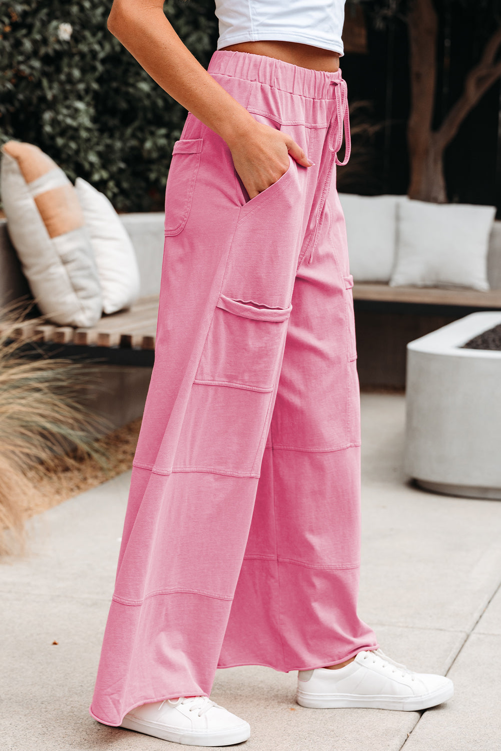 Bonbon Mineral Wash Waistband Wide Leg Cargo Pants