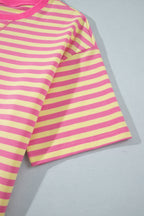 Pink Stripe Colorblock Trim Crew Neck Loose Tee Drawstring Elastic Waist 2pcs Pant Set