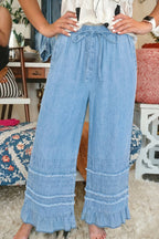 Casual Beau Blue Ruffled Hem Wide Leg Chambray Pants