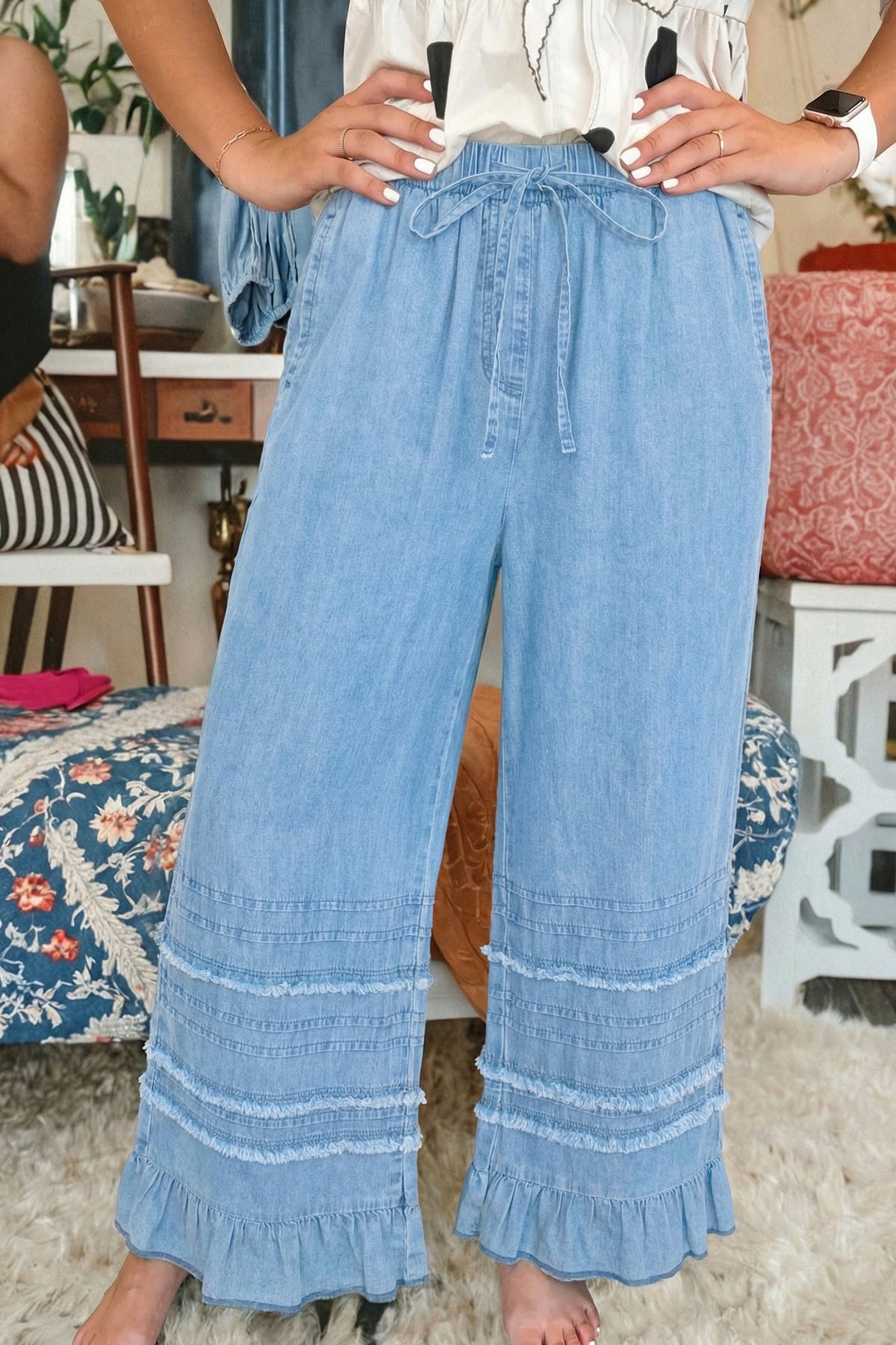 Casual Beau Blue Ruffled Hem Wide Leg Chambray Pants