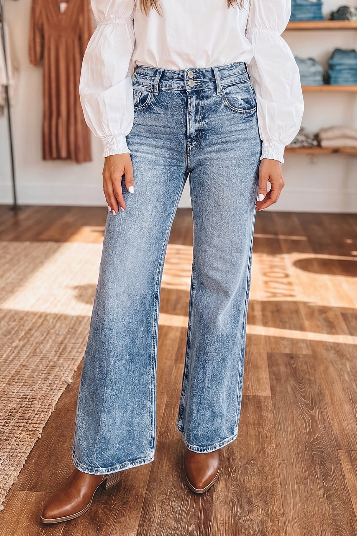 Fashion Beau Blue Acid Wash Pocket Detail Flare Jeans